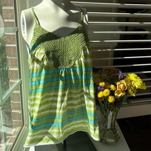 Green Striped Tank Top with Crotchet Collar
